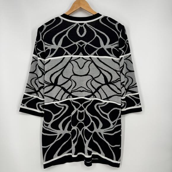 Misook Mixed Knit Print Cardigan Sweater Womens Large Black White Graphic Long - Picture 2 of 9